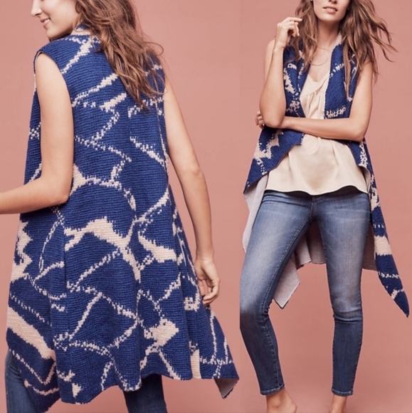 Anthropologie Tabitha Open Sweater Duster Vest Wool Mohair Blend Blue Cream Med - Picture 2 of 14